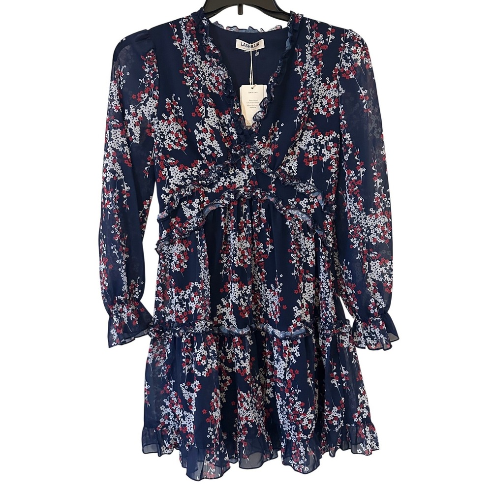 LASHBAIR Floral‎ Ruffle Navy Tiered Mini Dress Long Sleeve Size Large Cottage